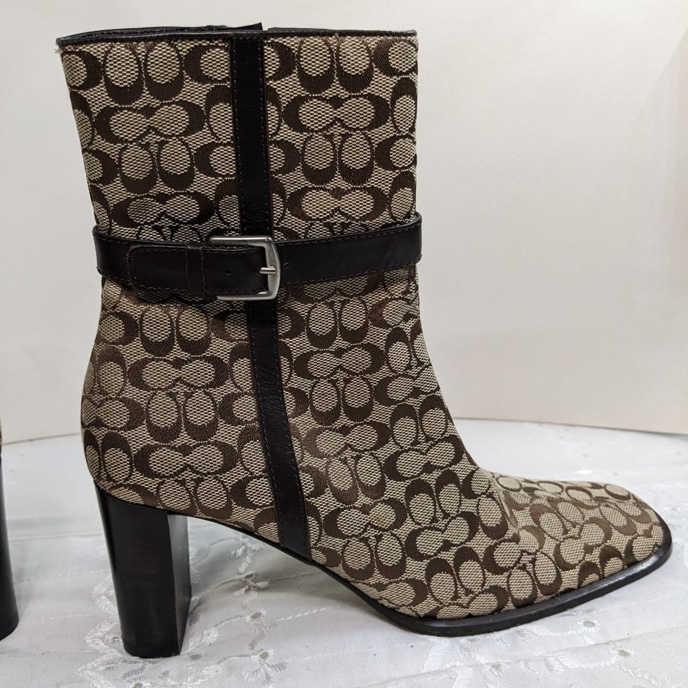 Coach Khaki & Brown Jacquard Signature Logo Bibi Mid Calf Boots - size 5.5M NWT